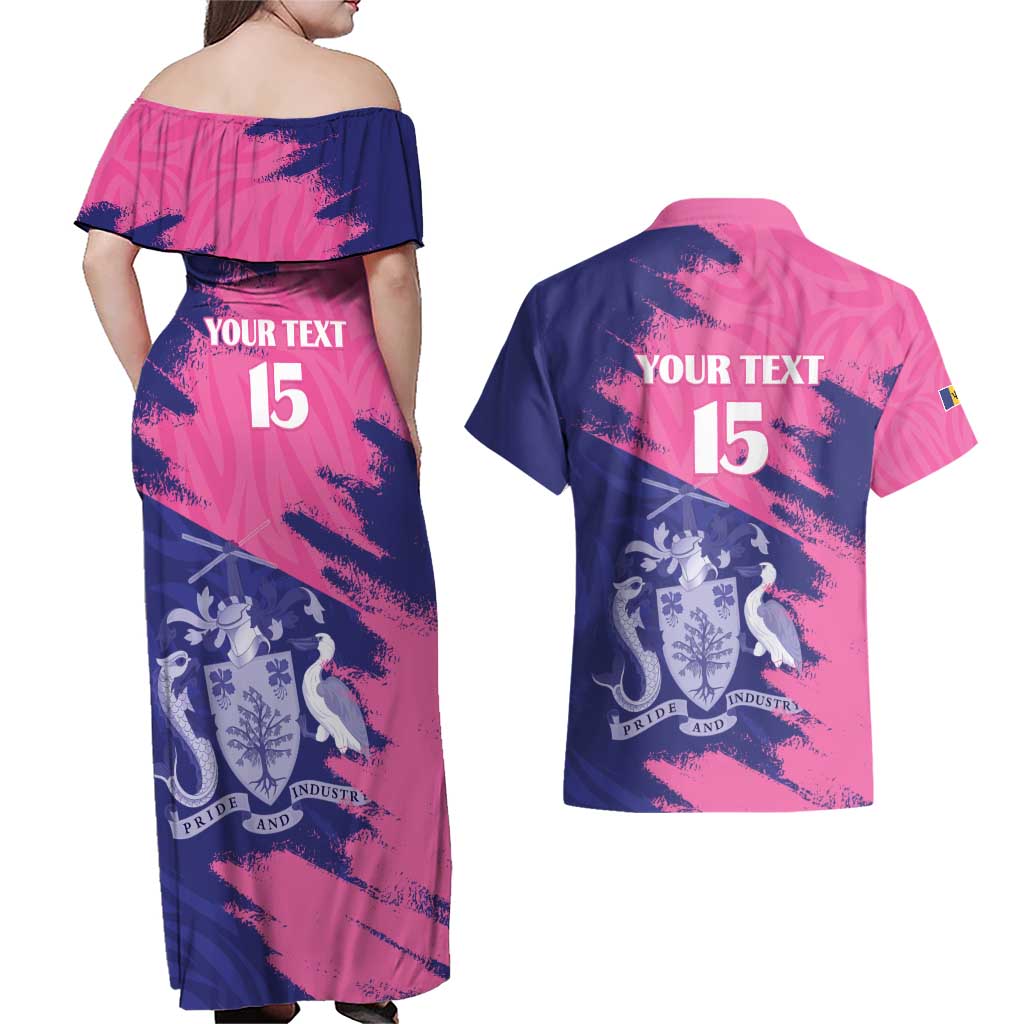 Custom Barbados Royals Cricket Couples Matching Off Shoulder Maxi Dress and Hawaiian Shirt Coat Of Arms Pink - Blue Color