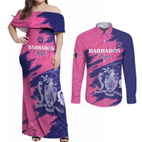 Custom Barbados Royals Cricket Couples Matching Off Shoulder Maxi Dress and Long Sleeve Button Shirt Coat Of Arms Pink - Blue Color