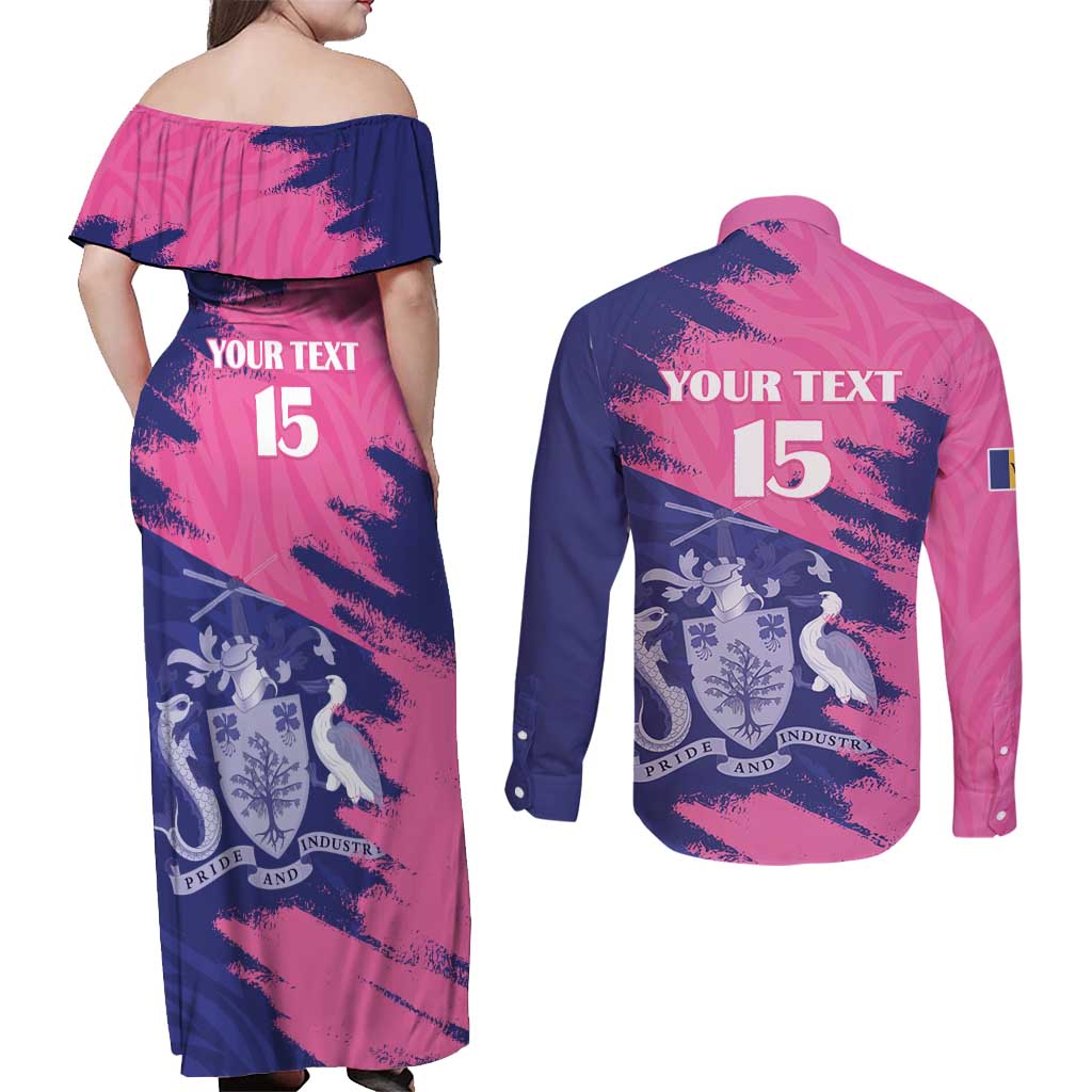 Custom Barbados Royals Cricket Couples Matching Off Shoulder Maxi Dress and Long Sleeve Button Shirt Coat Of Arms Pink - Blue Color