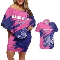 Custom Barbados Royals Cricket Couples Matching Off Shoulder Short Dress and Hawaiian Shirt Coat Of Arms Pink - Blue Color