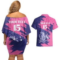 Custom Barbados Royals Cricket Couples Matching Off Shoulder Short Dress and Hawaiian Shirt Coat Of Arms Pink - Blue Color