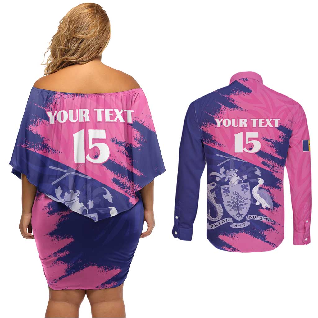 Custom Barbados Royals Cricket Couples Matching Off Shoulder Short Dress and Long Sleeve Button Shirt Coat Of Arms Pink - Blue Color