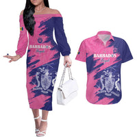 Custom Barbados Royals Cricket Couples Matching Off The Shoulder Long Sleeve Dress and Hawaiian Shirt Coat Of Arms Pink - Blue Color