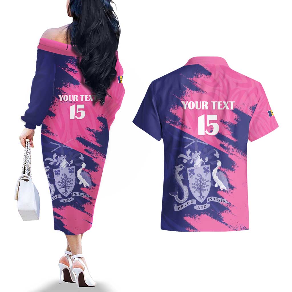 Custom Barbados Royals Cricket Couples Matching Off The Shoulder Long Sleeve Dress and Hawaiian Shirt Coat Of Arms Pink - Blue Color