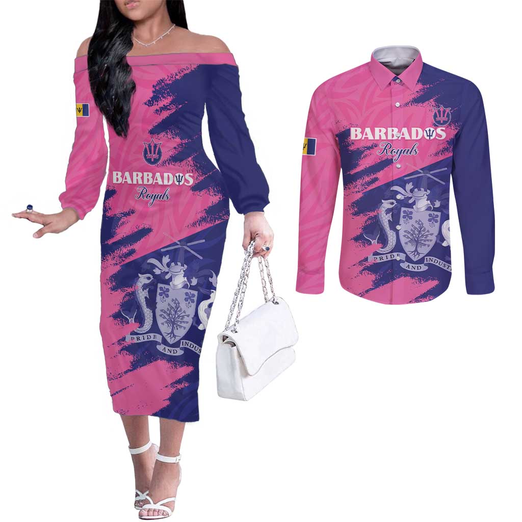 Custom Barbados Royals Cricket Couples Matching Off The Shoulder Long Sleeve Dress and Long Sleeve Button Shirt Coat Of Arms Pink - Blue Color