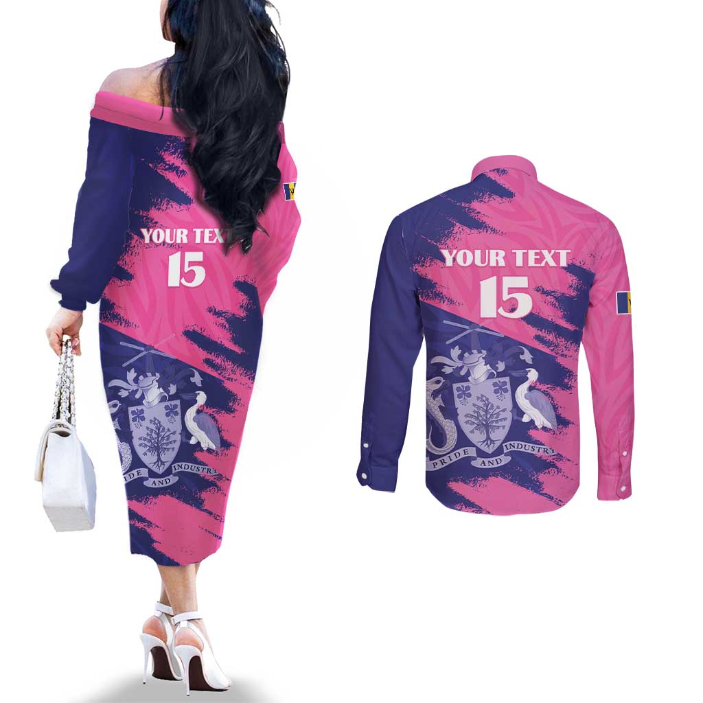 Custom Barbados Royals Cricket Couples Matching Off The Shoulder Long Sleeve Dress and Long Sleeve Button Shirt Coat Of Arms Pink - Blue Color
