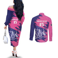 Custom Barbados Royals Cricket Couples Matching Off The Shoulder Long Sleeve Dress and Long Sleeve Button Shirt Coat Of Arms Pink - Blue Color