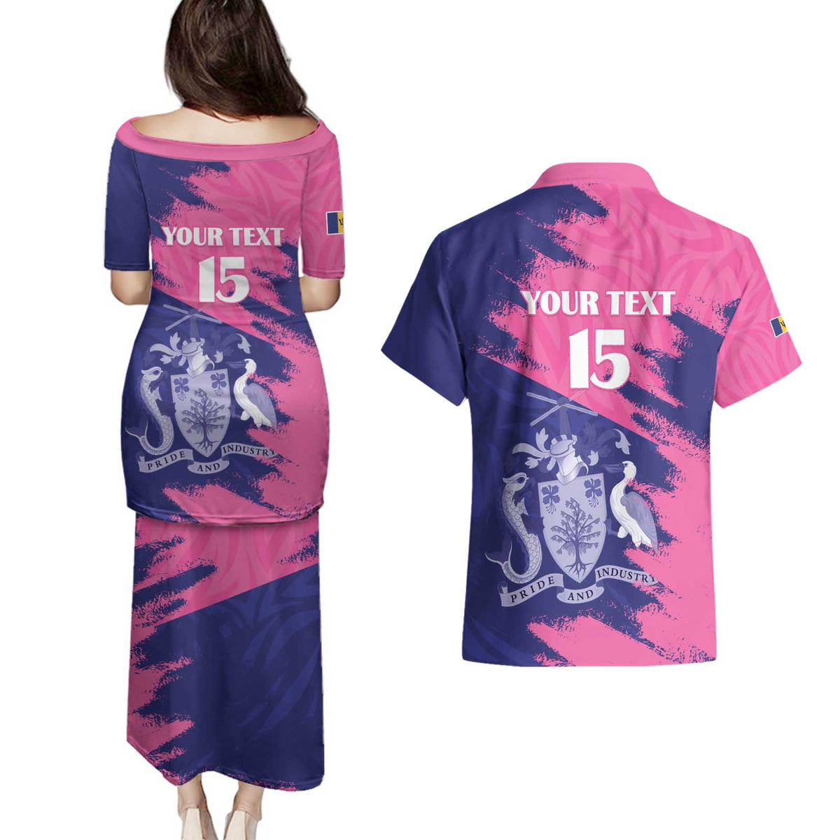 Custom Barbados Royals Cricket Couples Matching Puletasi and Hawaiian Shirt Coat Of Arms Pink - Blue Color