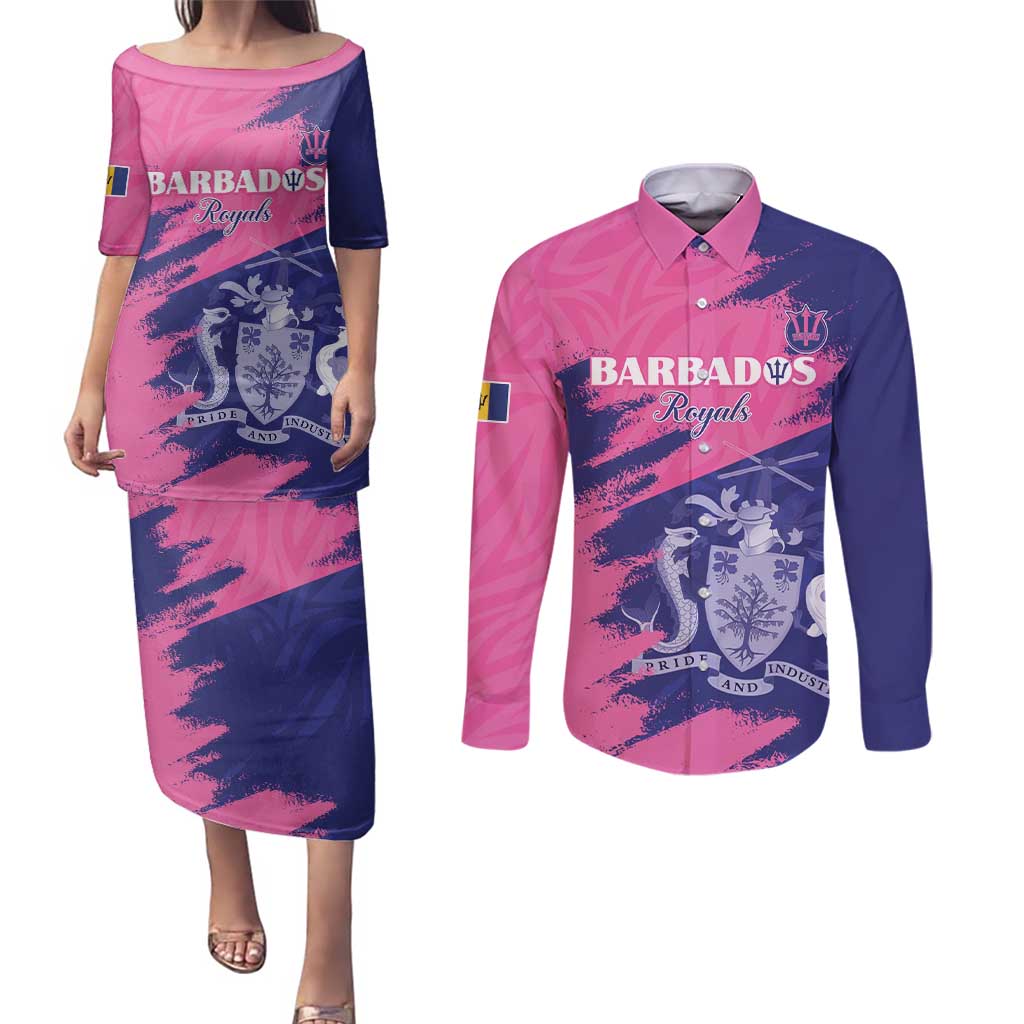 Custom Barbados Royals Cricket Couples Matching Puletasi and Long Sleeve Button Shirt Coat Of Arms Pink - Blue Color