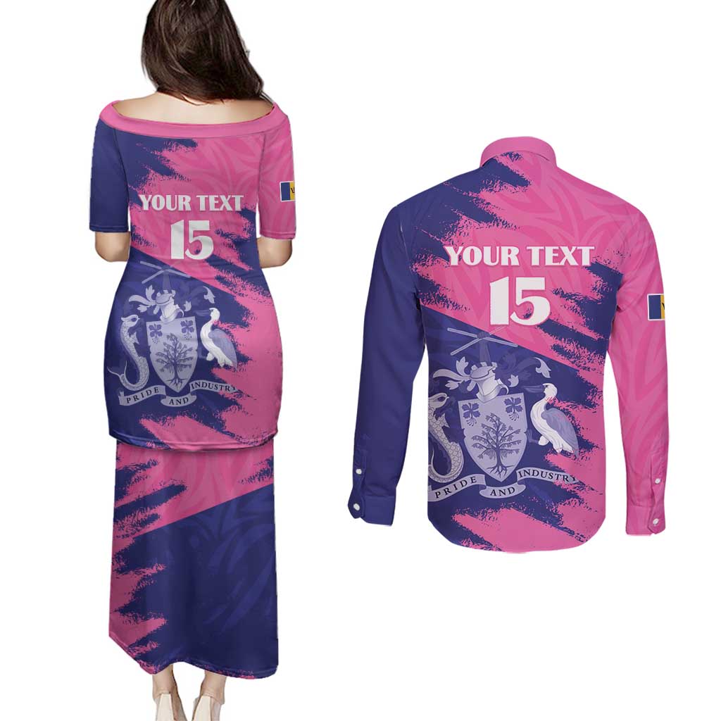 Custom Barbados Royals Cricket Couples Matching Puletasi and Long Sleeve Button Shirt Coat Of Arms Pink - Blue Color