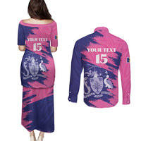 Custom Barbados Royals Cricket Couples Matching Puletasi and Long Sleeve Button Shirt Coat Of Arms Pink - Blue Color