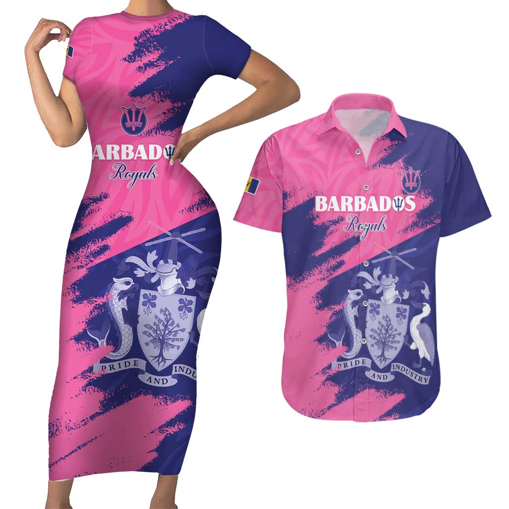 Custom Barbados Royals Cricket Couples Matching Short Sleeve Bodycon Dress and Hawaiian Shirt Coat Of Arms Pink - Blue Color