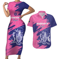 Custom Barbados Royals Cricket Couples Matching Short Sleeve Bodycon Dress and Hawaiian Shirt Coat Of Arms Pink - Blue Color