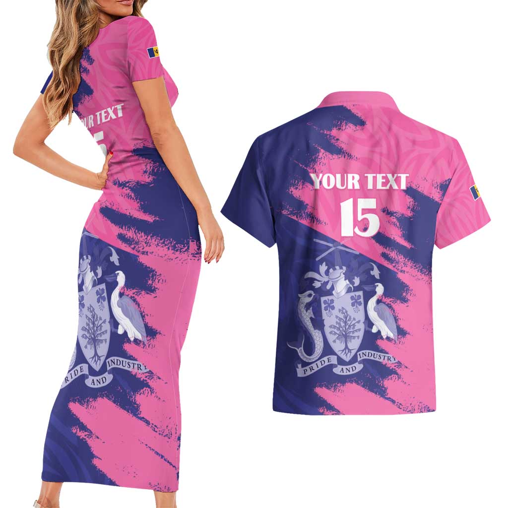 Custom Barbados Royals Cricket Couples Matching Short Sleeve Bodycon Dress and Hawaiian Shirt Coat Of Arms Pink - Blue Color