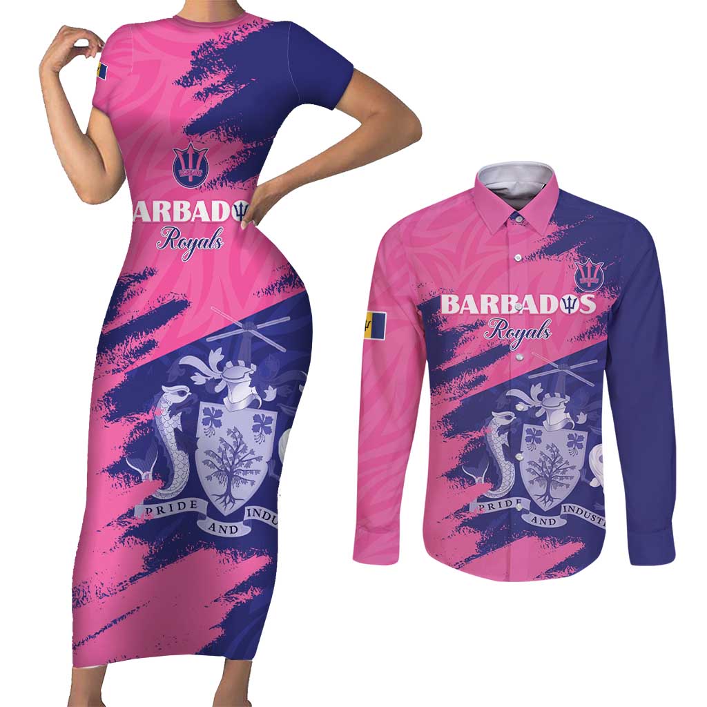 Custom Barbados Royals Cricket Couples Matching Short Sleeve Bodycon Dress and Long Sleeve Button Shirt Coat Of Arms Pink - Blue Color