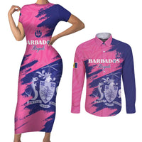 Custom Barbados Royals Cricket Couples Matching Short Sleeve Bodycon Dress and Long Sleeve Button Shirt Coat Of Arms Pink - Blue Color