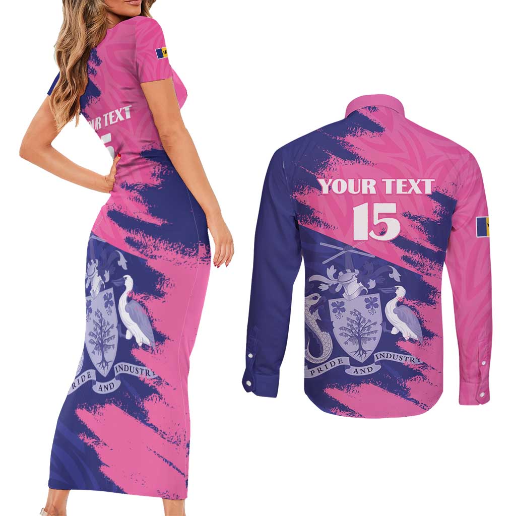 Custom Barbados Royals Cricket Couples Matching Short Sleeve Bodycon Dress and Long Sleeve Button Shirt Coat Of Arms Pink - Blue Color