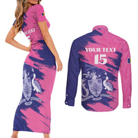 Custom Barbados Royals Cricket Couples Matching Short Sleeve Bodycon Dress and Long Sleeve Button Shirt Coat Of Arms Pink - Blue Color