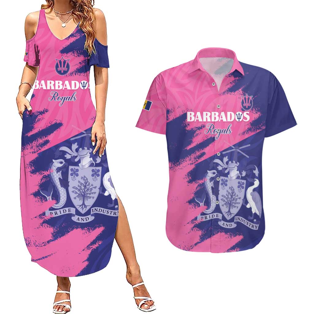 Custom Barbados Royals Cricket Couples Matching Summer Maxi Dress and Hawaiian Shirt Coat Of Arms Pink - Blue Color