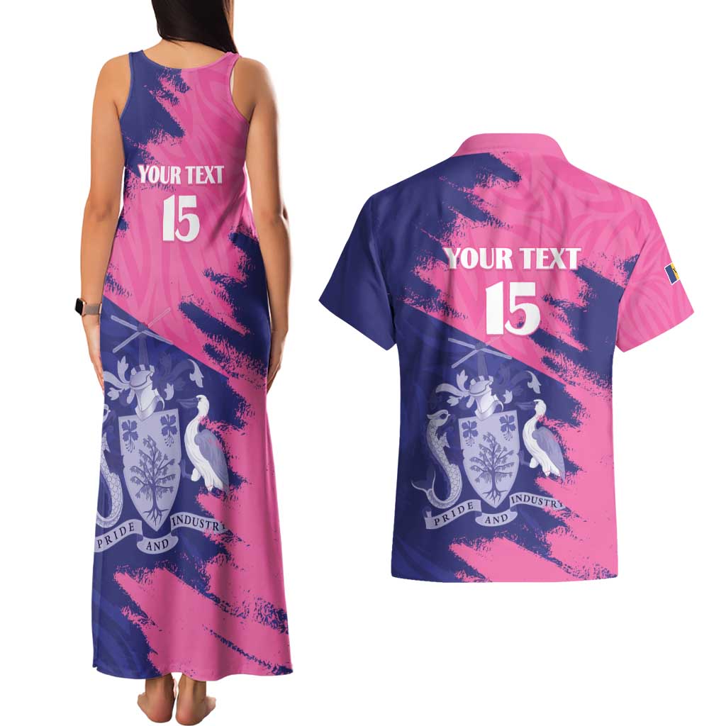 Custom Barbados Royals Cricket Couples Matching Tank Maxi Dress and Hawaiian Shirt Coat Of Arms Pink - Blue Color