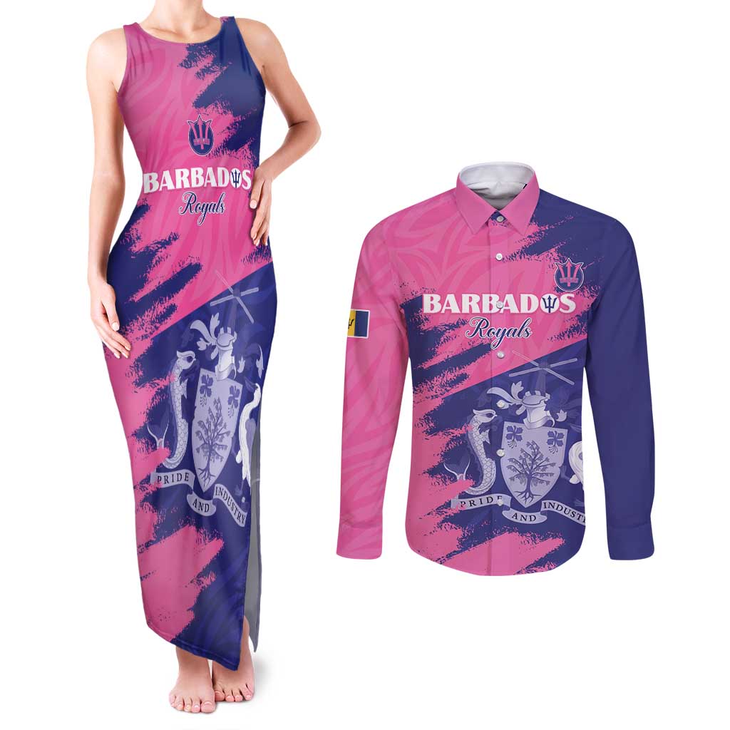 Custom Barbados Royals Cricket Couples Matching Tank Maxi Dress and Long Sleeve Button Shirt Coat Of Arms Pink - Blue Color