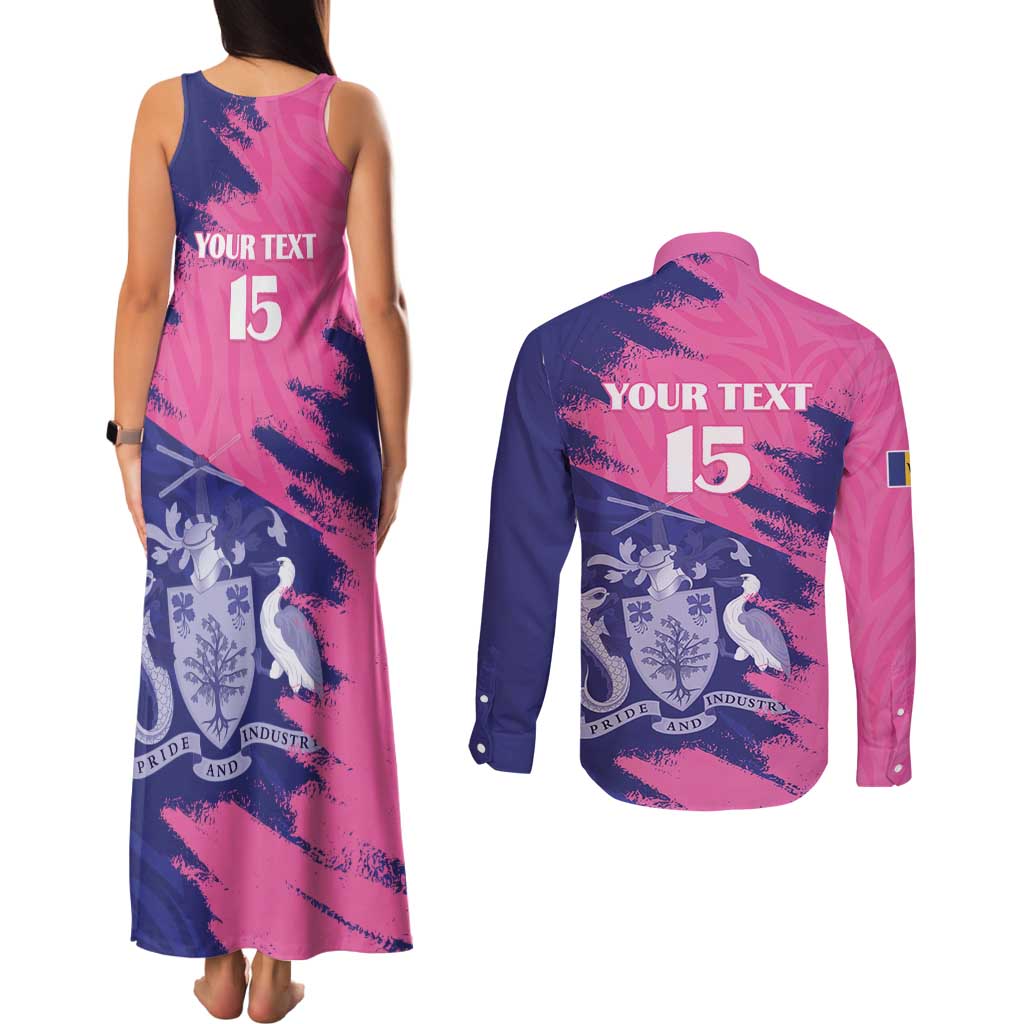 Custom Barbados Royals Cricket Couples Matching Tank Maxi Dress and Long Sleeve Button Shirt Coat Of Arms Pink - Blue Color