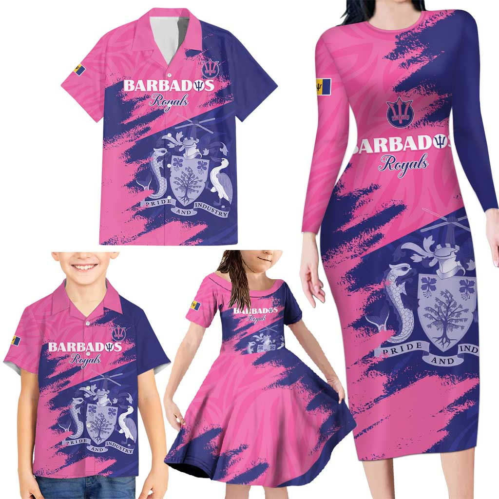 Custom Barbados Royals Cricket Family Matching Long Sleeve Bodycon Dress and Hawaiian Shirt Coat Of Arms Pink - Blue Color