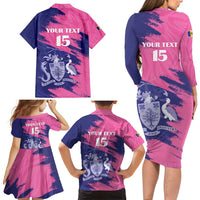 Custom Barbados Royals Cricket Family Matching Long Sleeve Bodycon Dress and Hawaiian Shirt Coat Of Arms Pink - Blue Color