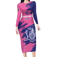 Custom Barbados Royals Cricket Family Matching Long Sleeve Bodycon Dress and Hawaiian Shirt Coat Of Arms Pink - Blue Color