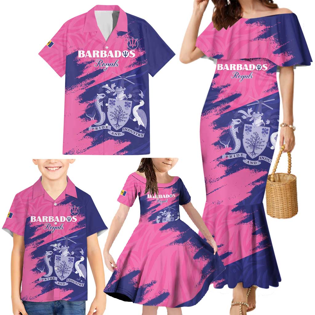 Custom Barbados Royals Cricket Family Matching Mermaid Dress and Hawaiian Shirt Coat Of Arms Pink - Blue Color