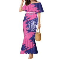 Custom Barbados Royals Cricket Family Matching Mermaid Dress and Hawaiian Shirt Coat Of Arms Pink - Blue Color