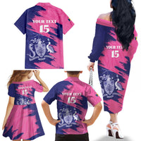 Custom Barbados Royals Cricket Family Matching Off The Shoulder Long Sleeve Dress and Hawaiian Shirt Coat Of Arms Pink - Blue Color