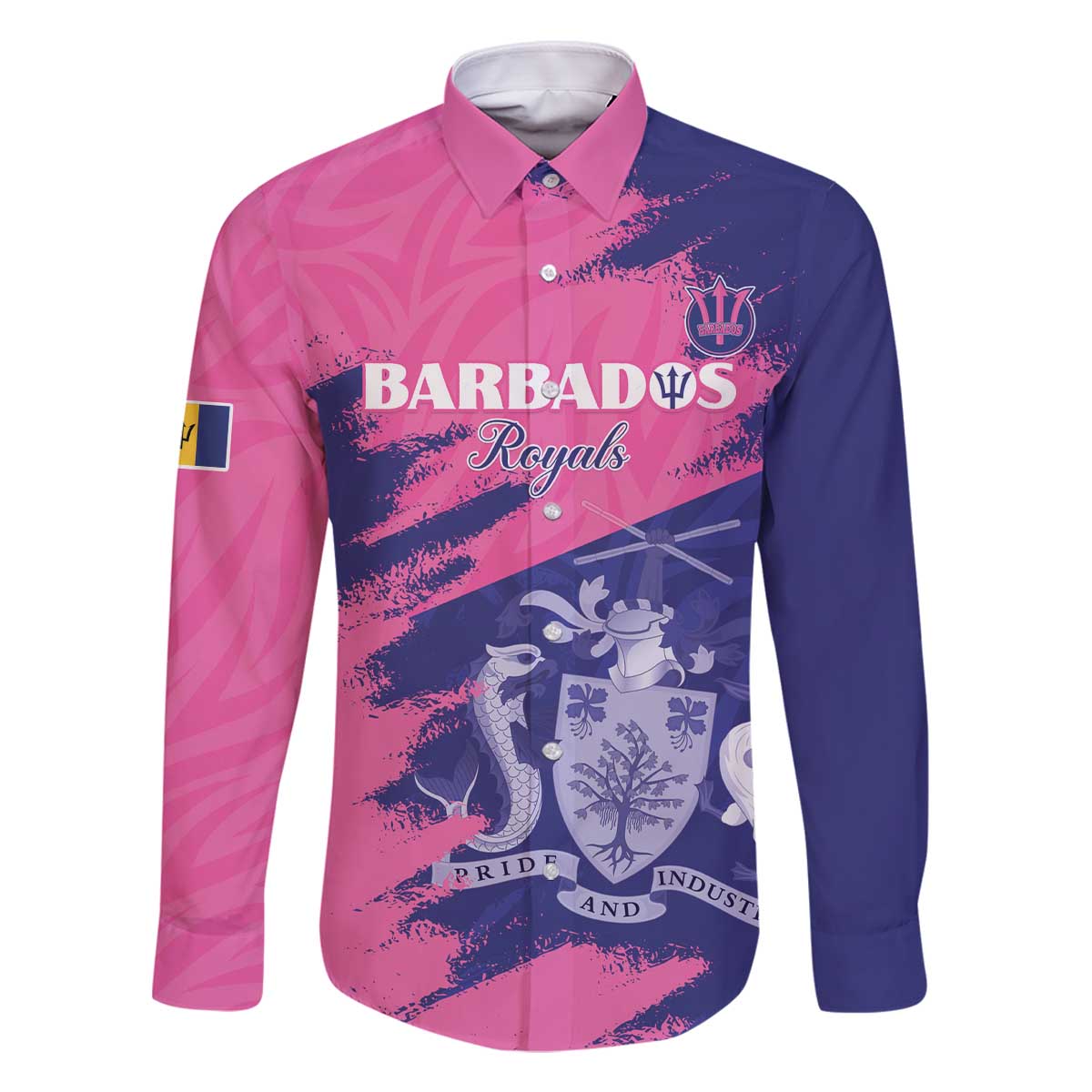 Custom Barbados Royals Cricket Family Matching Off The Shoulder Long Sleeve Dress and Hawaiian Shirt Coat Of Arms Pink - Blue Color