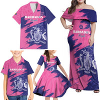 Custom Barbados Royals Cricket Family Matching Off Shoulder Maxi Dress and Hawaiian Shirt Coat Of Arms Pink - Blue Color