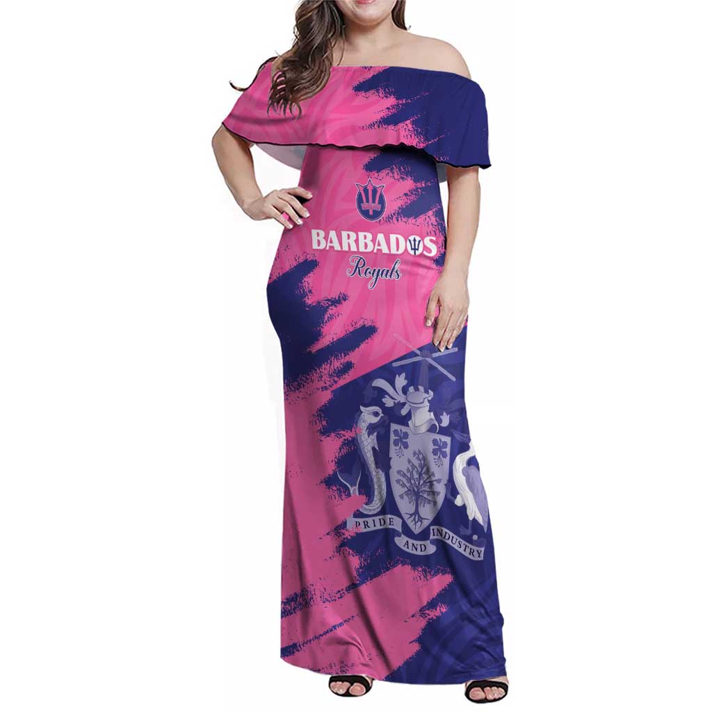 Custom Barbados Royals Cricket Family Matching Off Shoulder Maxi Dress and Hawaiian Shirt Coat Of Arms Pink - Blue Color