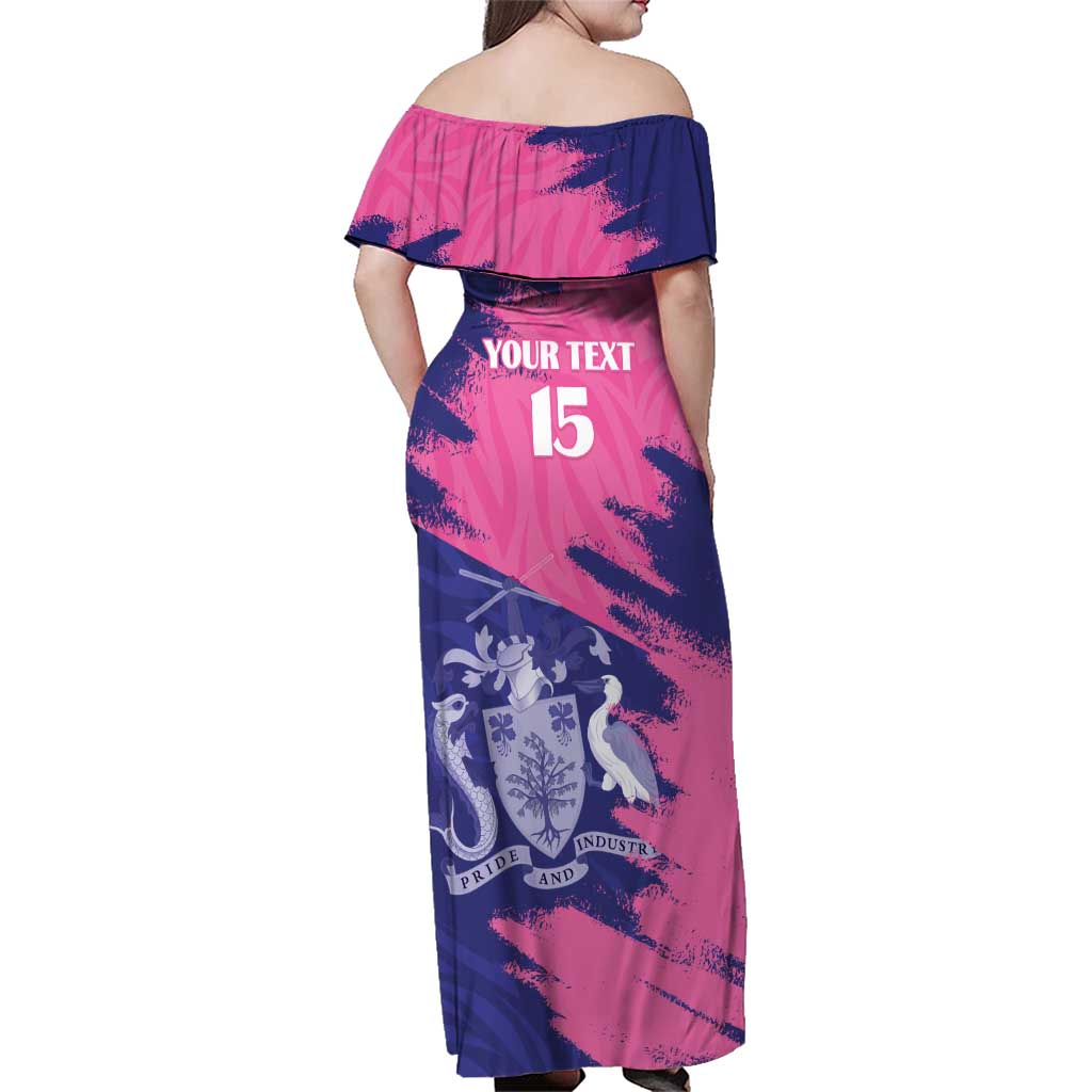 Custom Barbados Royals Cricket Family Matching Off Shoulder Maxi Dress and Hawaiian Shirt Coat Of Arms Pink - Blue Color