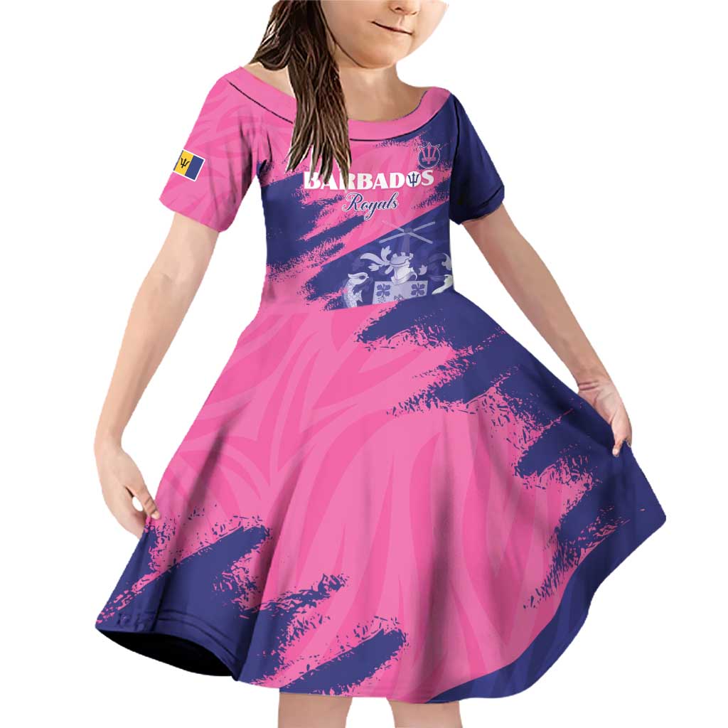Custom Barbados Royals Cricket Family Matching Off Shoulder Short Dress and Hawaiian Shirt Coat Of Arms Pink - Blue Color