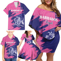 Custom Barbados Royals Cricket Family Matching Off Shoulder Short Dress and Hawaiian Shirt Coat Of Arms Pink - Blue Color