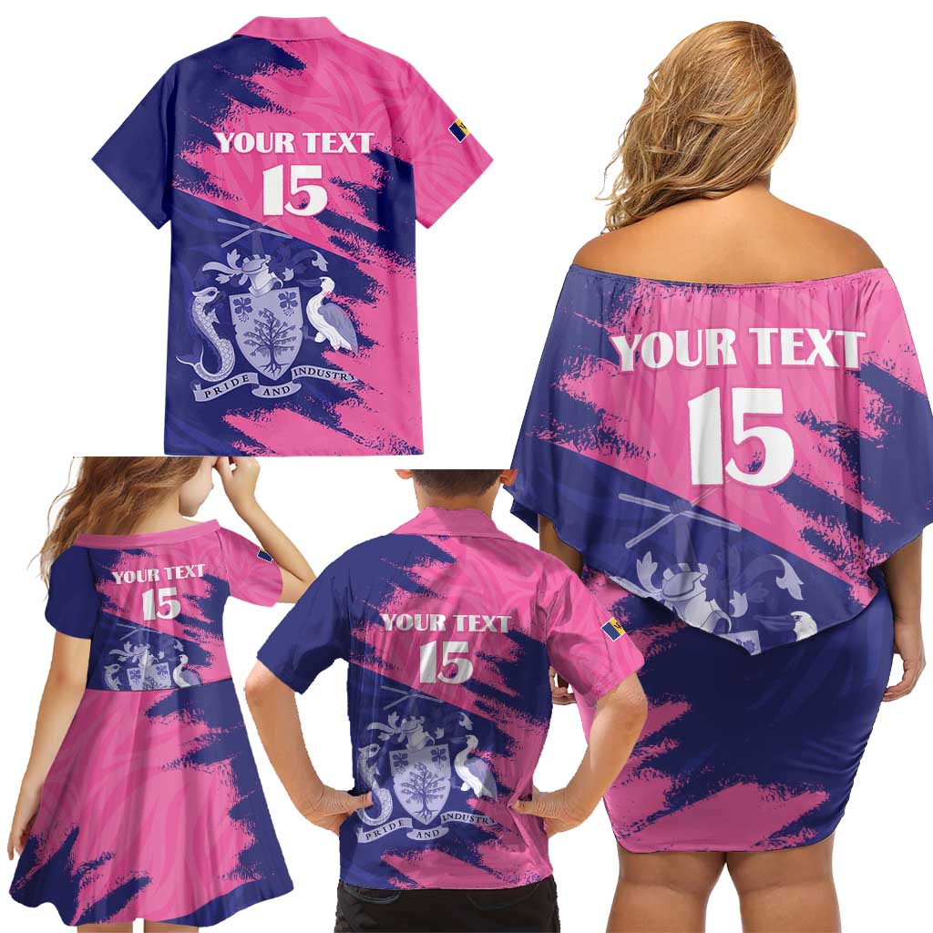 Custom Barbados Royals Cricket Family Matching Off Shoulder Short Dress and Hawaiian Shirt Coat Of Arms Pink - Blue Color