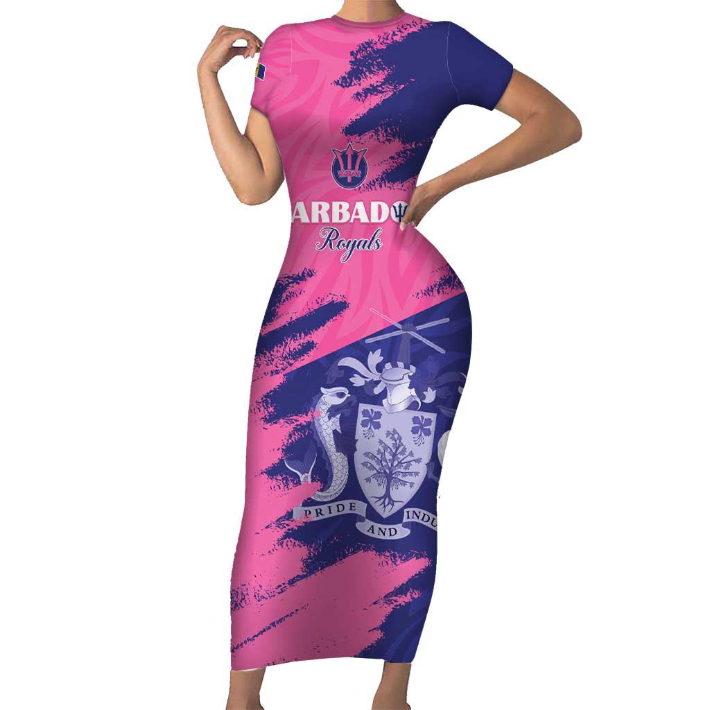 Custom Barbados Royals Cricket Family Matching Short Sleeve Bodycon Dress and Hawaiian Shirt Coat Of Arms Pink - Blue Color