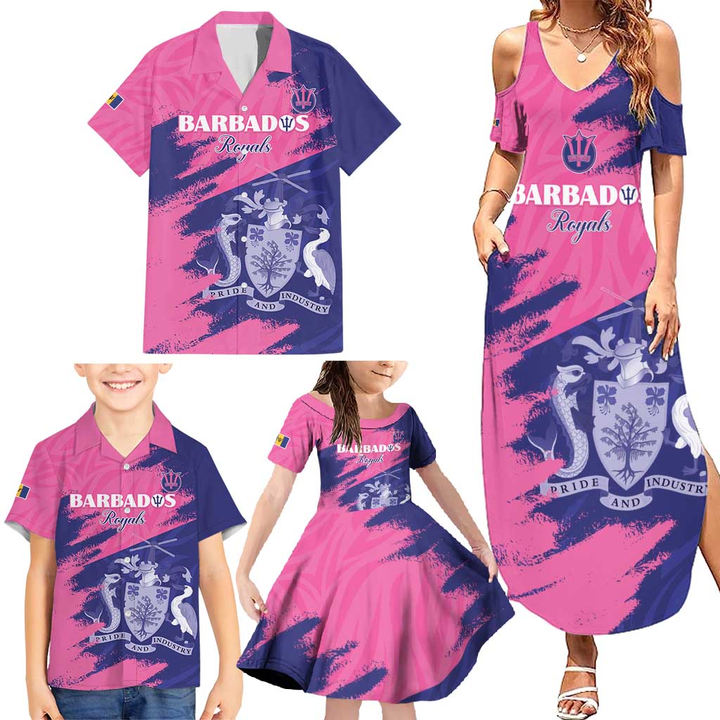 Custom Barbados Royals Cricket Family Matching Summer Maxi Dress and Hawaiian Shirt Coat Of Arms Pink - Blue Color