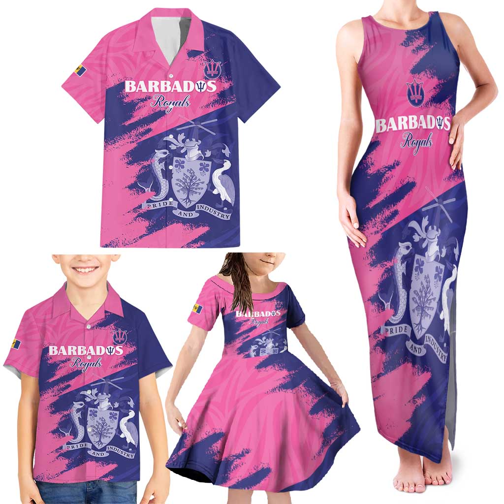 Custom Barbados Royals Cricket Family Matching Tank Maxi Dress and Hawaiian Shirt Coat Of Arms Pink - Blue Color
