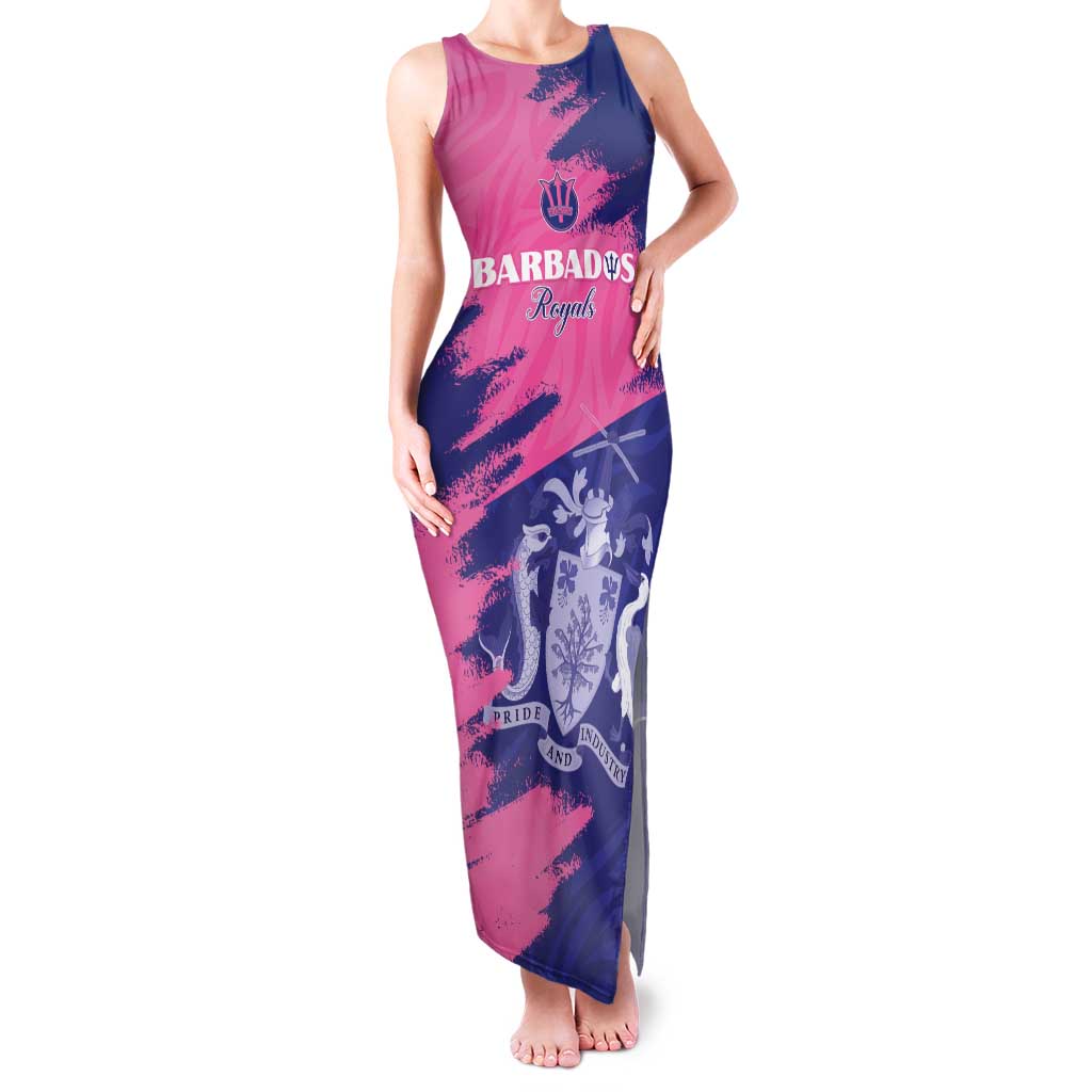 Custom Barbados Royals Cricket Family Matching Tank Maxi Dress and Hawaiian Shirt Coat Of Arms Pink - Blue Color