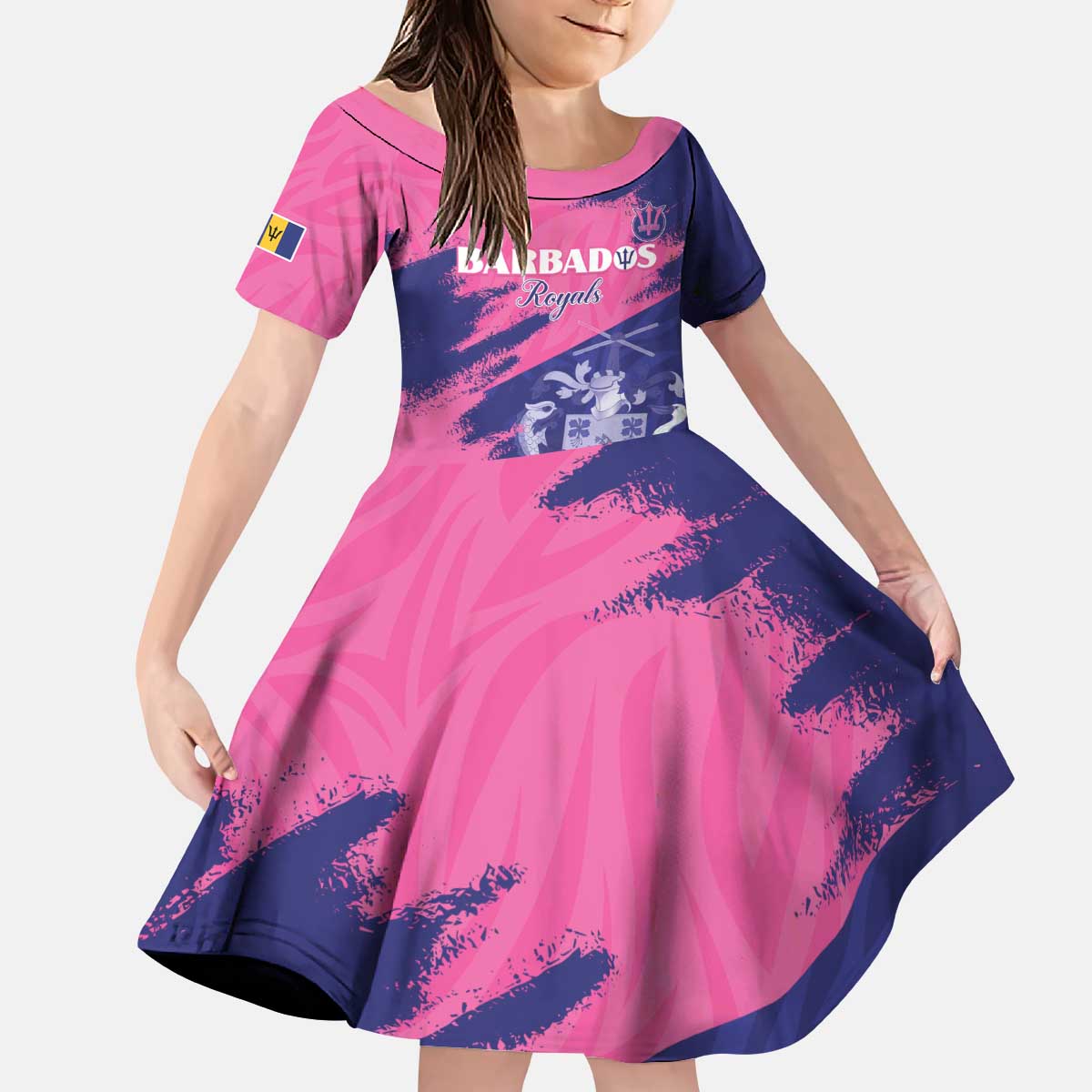 Custom Barbados Royals Cricket Kid Short Sleeve Dress Coat Of Arms Pink - Blue Color