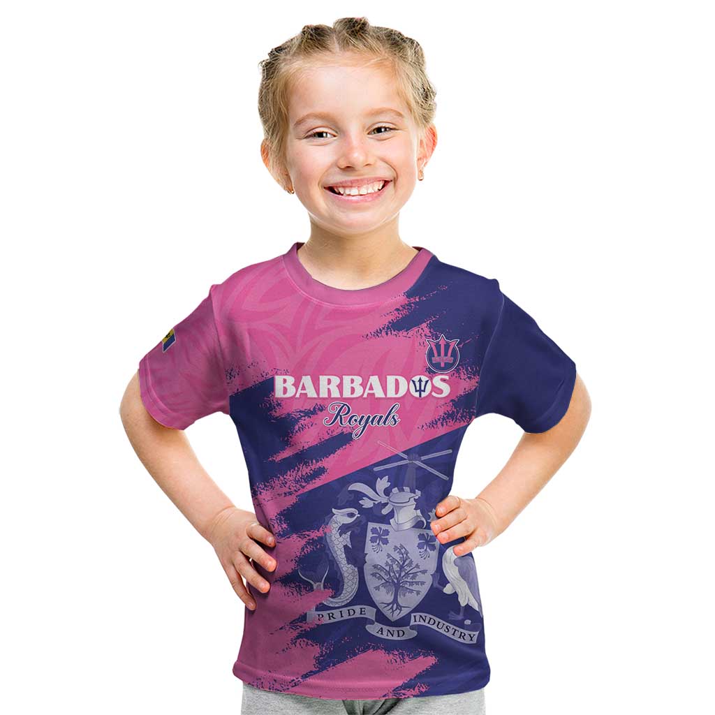 Custom Barbados Royals Cricket Kid T Shirt Coat Of Arms Pink - Blue Color