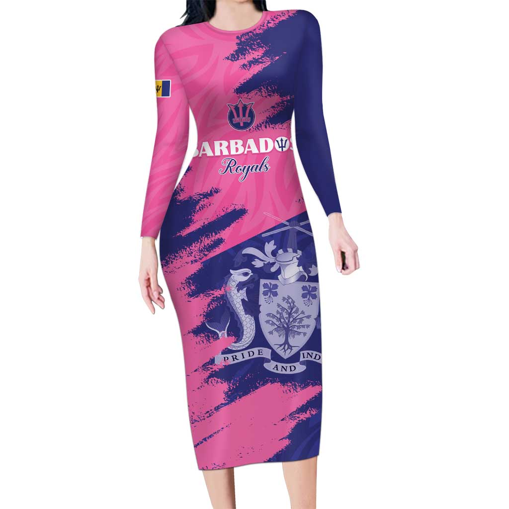 Custom Barbados Royals Cricket Long Sleeve Bodycon Dress Coat Of Arms Pink - Blue Color