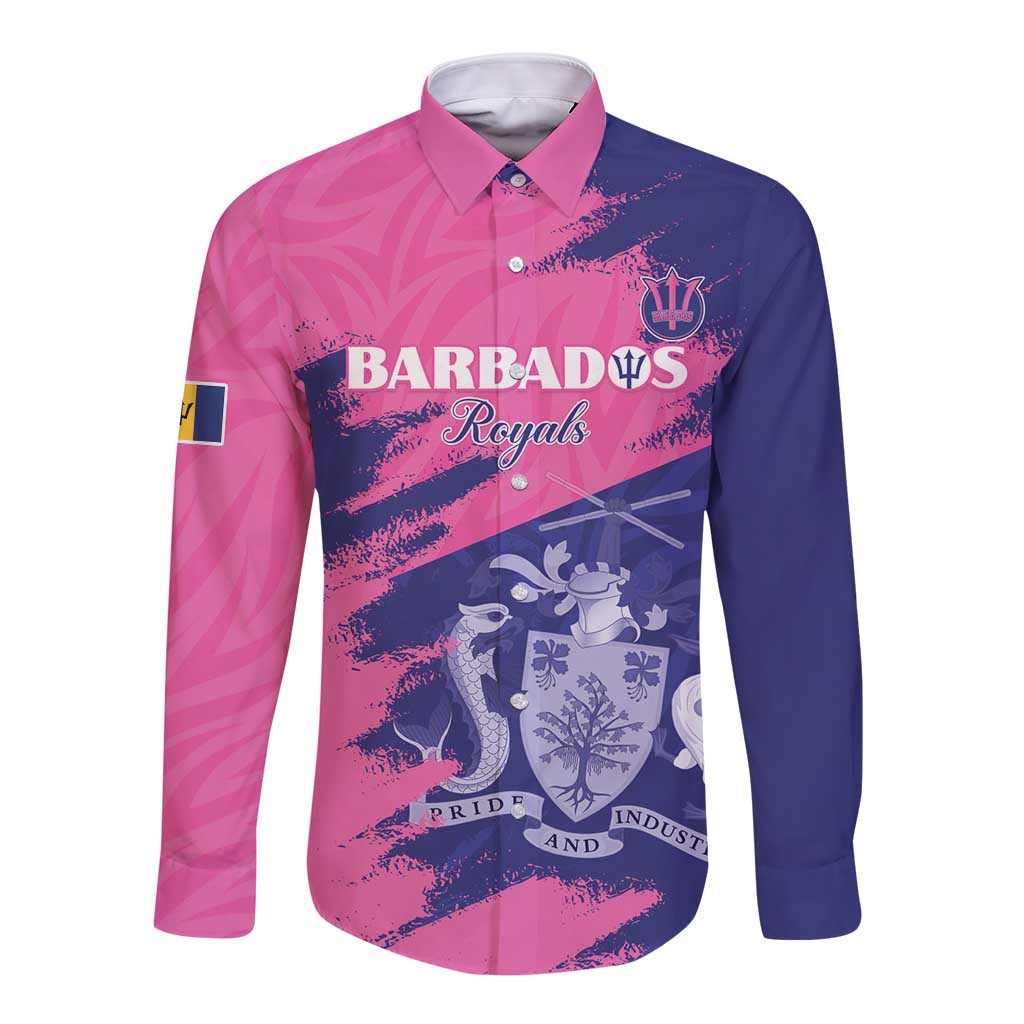 Custom Barbados Royals Cricket Long Sleeve Button Shirt Coat Of Arms Pink - Blue Color