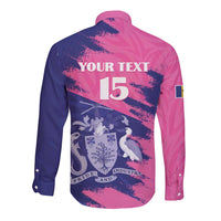 Custom Barbados Royals Cricket Long Sleeve Button Shirt Coat Of Arms Pink - Blue Color