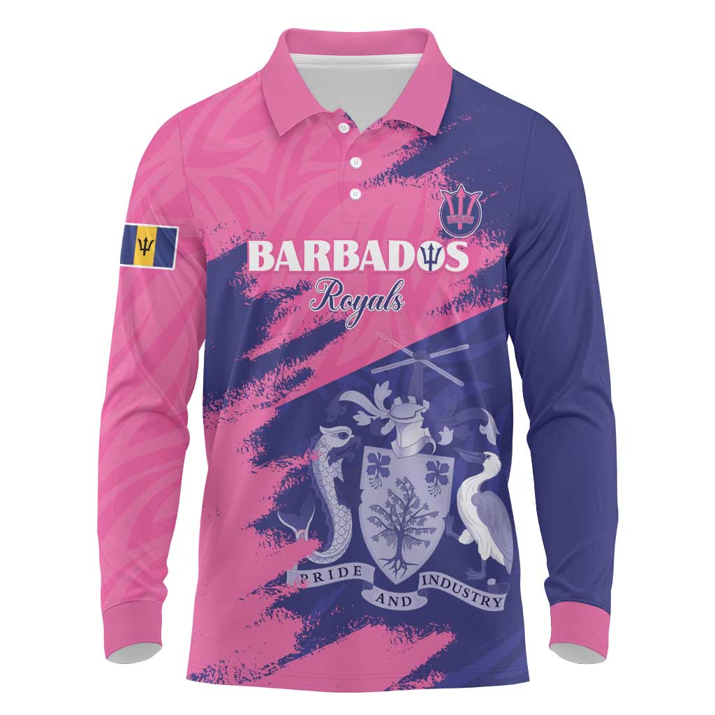 Custom Barbados Royals Cricket Long Sleeve Polo Shirt Coat Of Arms Pink - Blue Color