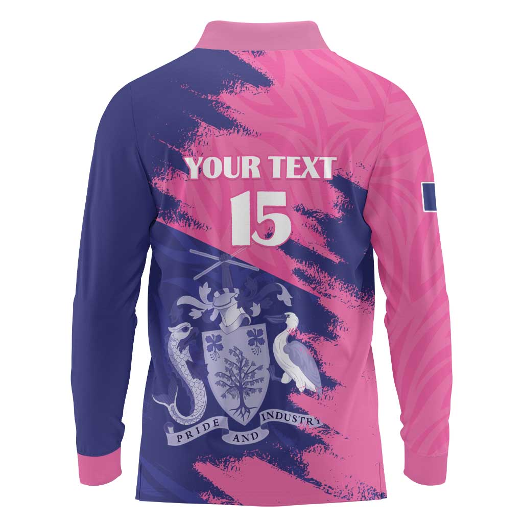 Custom Barbados Royals Cricket Long Sleeve Polo Shirt Coat Of Arms Pink - Blue Color